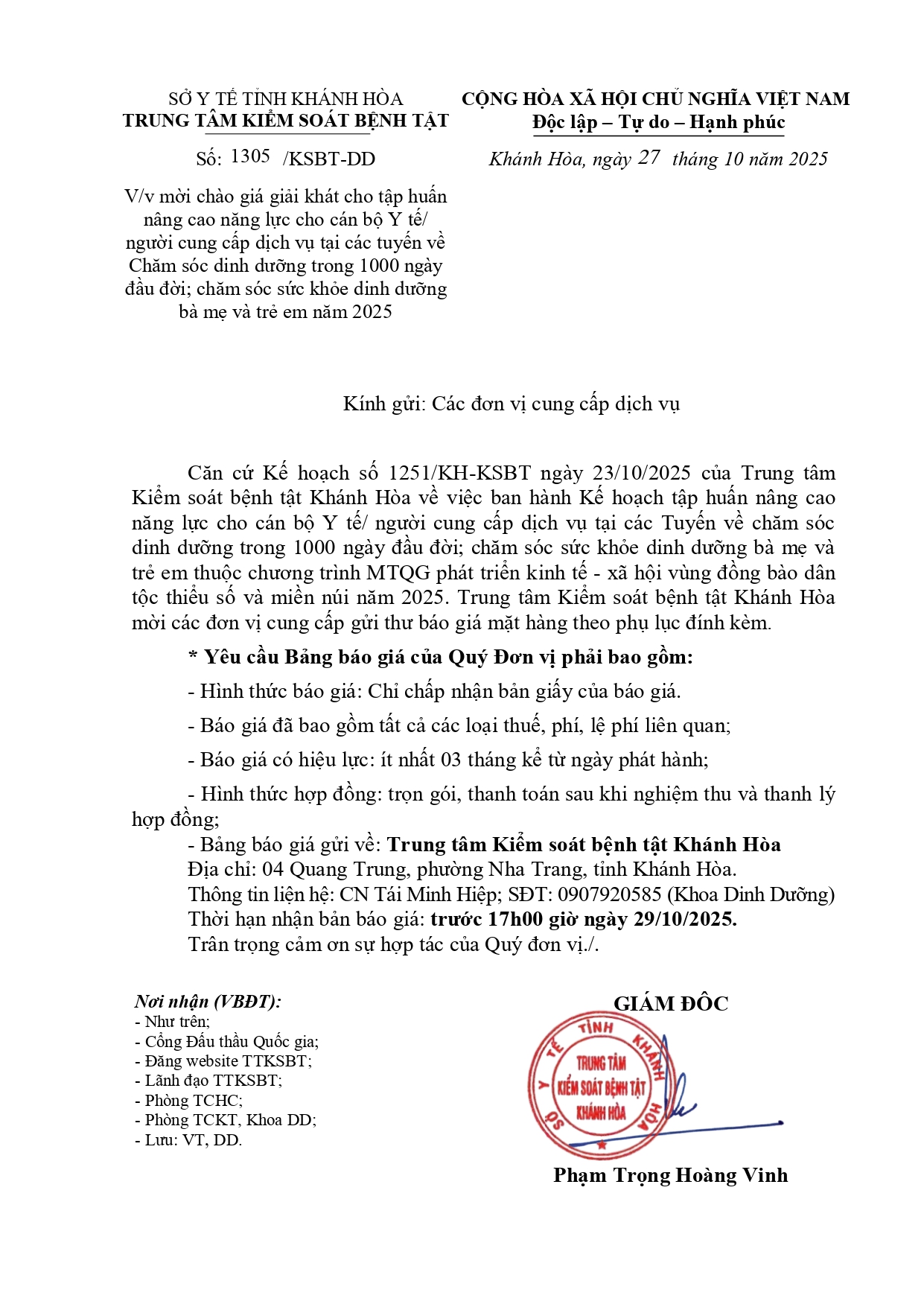 V/v mời chào giá giải khát cho tập huấn nâng cao năng lực cho cán bộ Y tế/ người cung cấp dịch vụ tại các tuyến về Chăm sóc dinh dưỡng trong 1000 ngày đầu đời; chăm sóc sức khỏe dinh dưỡng bà mẹ và trẻ em năm 2025